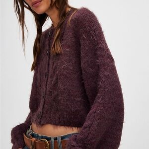 Free People Fuzzy Cropped Cardigan in Plum